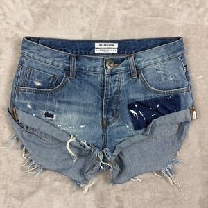One Teaspoon Bandits Denim Shorts Blue Distressed Paint Sz 25 Low Rise Roll Hem